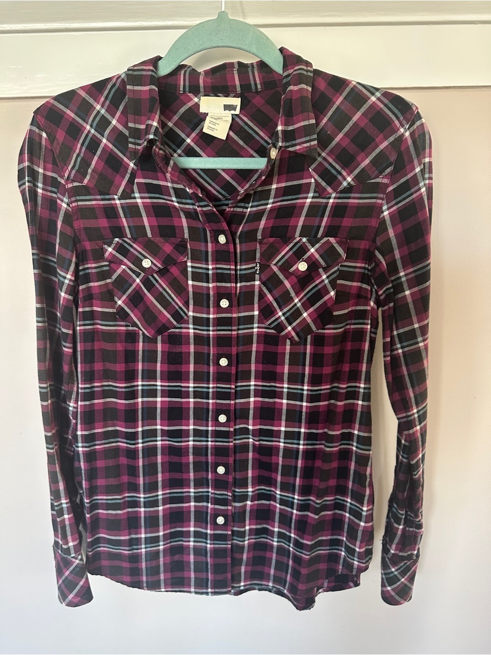 Women’s Levi's Black and Pink Purple Plaid Button-Down Shirt
